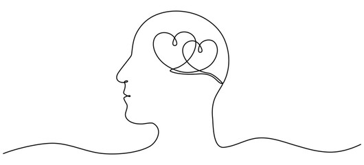 Poster - Head with two hearts inside continuous line drawn. Falling in love symbol. Vector illustration isolated on white.