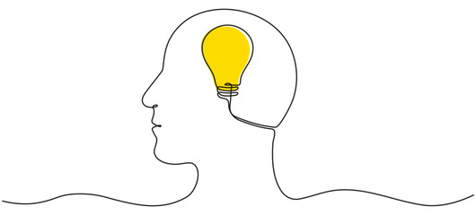 Poster - Continuous line drawing head with yellow light bulb. Thinking linear symbol. Creative idea concept. Vector illustration isolated on white.
