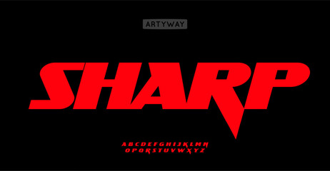 Poster - Strong angular alphabet, bold aggressive letters, powerful font for youthful branding, energetic esports identity, impactful headline, race speed logo, fighting title. Vector typeset.