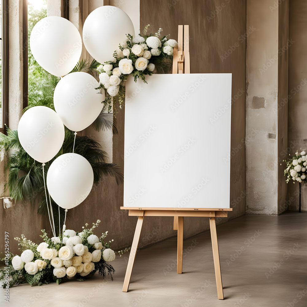 Welcome Sign Easel Mockup with White Balloons and Elegant Floral Stock ...