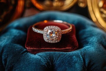 Wall Mural - Luxury diamond engagement ring resting on red velvet cushion