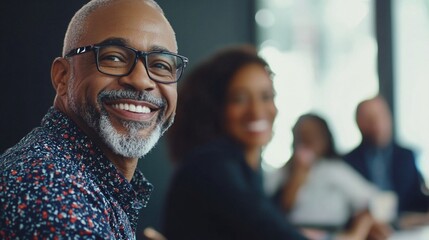 Confident mature professional with a warm smile leads a diverse team meeting, fostering an atmosphere of collaboration and positivity in the workplace.