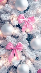 Wall Mural - festive white christmas tree adorned with shimmering silver baubles and delicate pink bows, creating