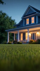 Charming blue farmhouse with glowing windows at dusk, featuring a welcoming front porch, manicured lawn, and warm exterior lighting creating a cozy ambiance.