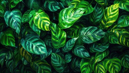 Aufkleber - Close up of lush green leaves showcasing intricate patterns and a variety of textures on dark background.