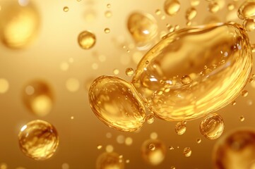 Poster - Close up of golden liquid droplets suspended in air
