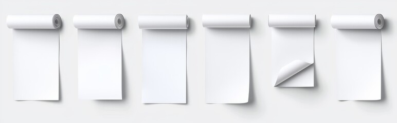 An illustration of blank white receipts, cheque rolls for pos terminals, order confirmation sheets, and purchase invoices isolated on a transparent background.