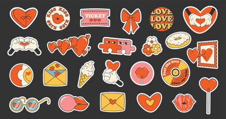 sticker pack with abstract funny comic cool shapes (heart, flowers, record, ice cream, bow) in trend