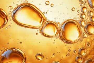Poster - Close up of golden bubbles in a liquid, showcasing texture and light reflections