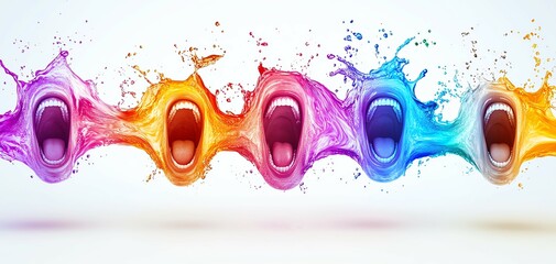 Poster - Vibrant splashes of paint form expressive faces, capturing a range of emotions through color and movement, set against a clean white background.