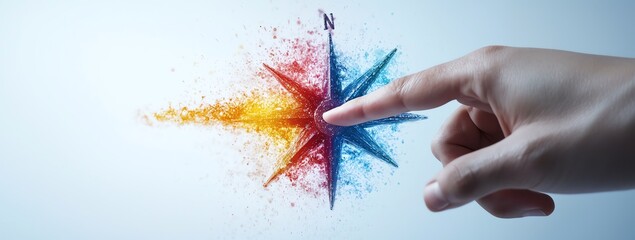 Poster - A human hand reaching towards a vivid explosion of colorful powder, symbolizing creativity and innovation against a white isolated background.