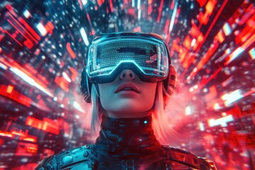 Poster - A futuristic woman wearing virtual reality goggles and a cyberpunk outfit stands in the middle of an abstract digital cityscape, with glowing neon lights. The scene is in a sci-fi concept art style.