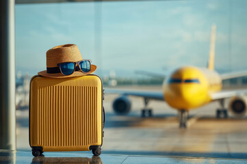 Yellow suitcase with straw hat and sunglasses at airport terminal with airplane in background. Travel and vacation preparation concept