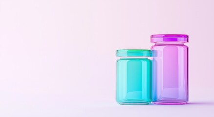Poster - Modern realistic illustration showing transparent 3D hexagon and cylinder models with light reflection on plastic surfaces, product presentation pedestals.