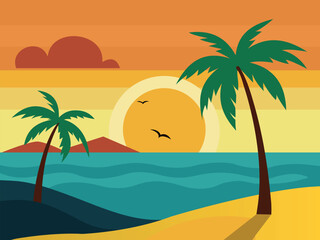 Illustration of Landscape with palm trees, ocean, yellow sand. Sunset at sea