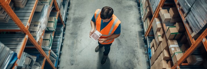 Poster - Warehouse worker in safety vest managing inventory with device among shelves of goods. Keywords warehouse, worker, inventory, technology, logistics, retail, efficiency, packing, shipping