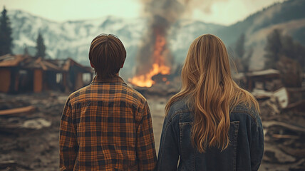 Rear view of friends observing aftermath of fire in village. Friends standing together, facing ruins and smoke and destruction of their houses.