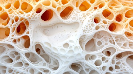 Abstract 3D rendering of a white, orange, and red organic structure with many holes and cavities.