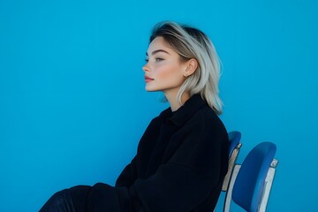 Poster - Photography of a young woman sitting on an isolated bus chair with a blue background, resting her hands on her lap with a serene expression, side view. 4K Resolution, plain background