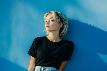 Poster - Photography of a young woman standing near the emergency exit with a blue background, resting her hand on her hip, side view. 4K Resolution, plain background