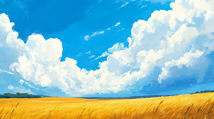 Wall Mural - A stunning view of golden fields stretching to the horizon, under a vibrant blue sky filled with fluffy white clouds.