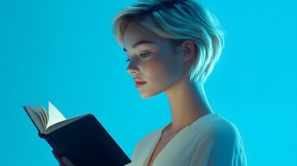 Poster - Photography of a young woman holding a small book, flipping through pages with a blue background, appearing lost in reading, side view. 4K Resolution, plain background