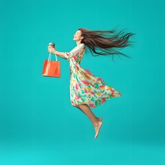 Poster - Profile view of a long-haired woman in her 40s, floating weightlessly with a smile, body bending backward in a graceful arc. She holds a shopping bag and a coffee cup, her arms and legs extended