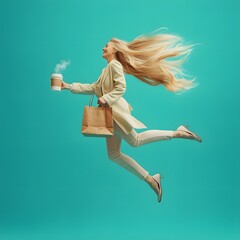 Poster - Profile view of a long-haired woman in her 40s, floating weightlessly with a smile, body bending backward in a graceful arc. She holds a shopping bag and a coffee cup, her arms and legs extended