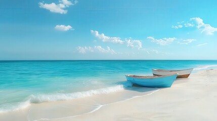 Poster - Sandy beach with boats floating near the shore, isolated for a tropical island feel