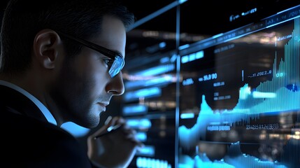Poster - Photography of a financial advisor analyzing a 3D stock market model with 2D performance graphs, blending investment analysis with visual tools, 4k resolution, Plain background
