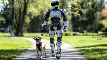 A robot walking a dog in an outdoor setting. The scene should evoke a blend of technology and everyday life, showcasing a harmonious interaction between the robot and the pet.