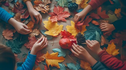 Photography of children crafting handmade Thanksgiving decorations with colorful paper and leaves, capturing a playful and creative atmosphere, 4k resolution, Plain background