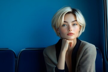 Poster - Photography of a young woman sitting on an isolated bus chair with a blue background, resting her hand on her chin, appearing thoughtful, side view. 4K Resolution, plain background