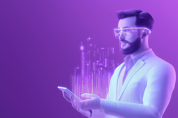 Poster - A man engages with technology while wearing smart glasses against a vivid purple backdrop showcasing a digital city