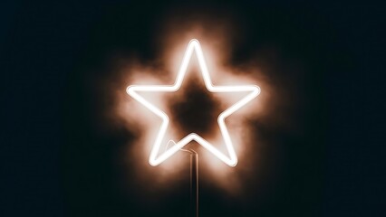 Poster - A white neon star shines brightly in the dark, casting an orange glow. Its mounted on a thin metal pole, creating a minimalist and modern aesthetic.