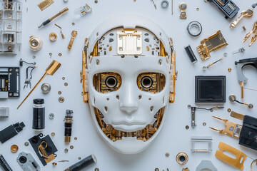 Poster - A detailed robotic head made of metal parts is displayed amid an array of mechanical devices and components