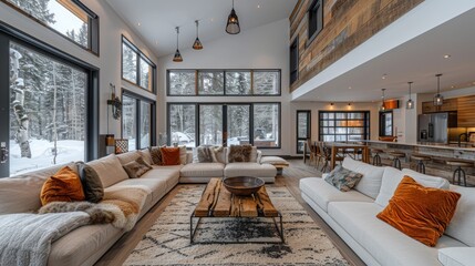 Sticker - Cozy winter retreat featuring modern living space with large windows and plush furnishings in a snowy landscape. Generative AI