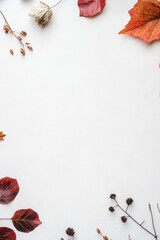 Wall Mural - Autumn leaves, dry berries on white background, seasonal decor.