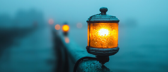 Poster - Glowing street lamps in misty park at dawn create serene atmosphere, with soft light illuminating foggy surroundings. peaceful scene evokes sense of calm and tranquility