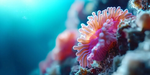 Poster - Vibrant underwater coral reef scene with glowing pink anemone, surrounded by colorful marine life and illuminated by sunlight