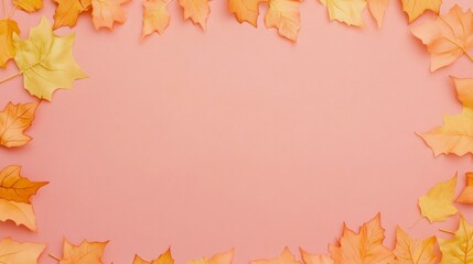 Pink background featuring scattered yellow leaves in artistic pattern.