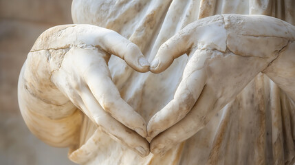 Poster - close up of ancient Greek statue hands forming heart shape, showcasing intricate marble detailing and craftsmanship. image captures timeless beauty and artistry of classical sculpture