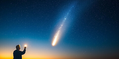 Aufkleber - person holding light stands under glowing comet streaking across starry night sky, creating breathtaking celestial scene