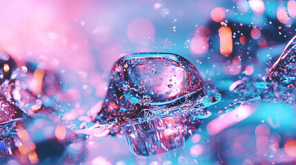 Poster - vibrant close up of ice cubes splashing in colorful water, creating dynamic and refreshing scene with pink and blue hues. shimmering droplets add sense of motion and energy