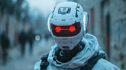 Poster - futuristic robot with glowing red eyes stands in blurred urban setting, creating mysterious atmosphere