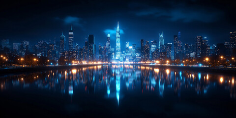 Poster - stunning city skyline at dusk with glowing skyscrapers reflecting on calm river, creating serene and captivating urban landscape