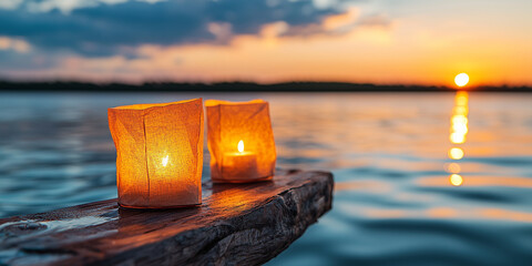 Poster - Two glowing lanterns rest on wooden plank over serene river at sunset, creating peaceful and enchanting atmosphere