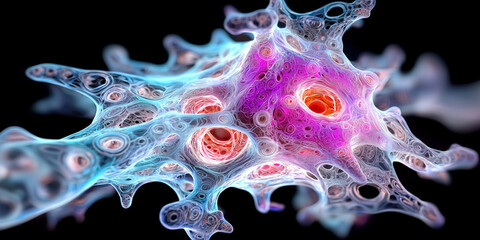 Poster - vibrant, glowing abstract fractal pattern with intricate, mesmerizing details and vivid colors, resembling complex organic structure against dark background