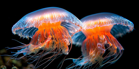 Poster - Glowing bioluminescent jellyfish in deep ocean setting, showcasing vibrant colors and intricate details. ethereal beauty of these sea creatures is mesmerizing