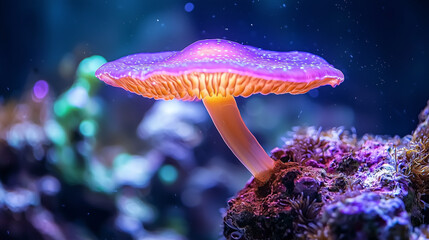 Poster - glowing bioluminescent sea creature illuminates deep ocean, casting vibrant colors and creating mesmerizing underwater scene. ethereal glow highlights mysterious beauty of marine life